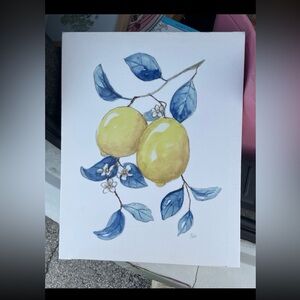 Lemon Art Print with Blue Leaves